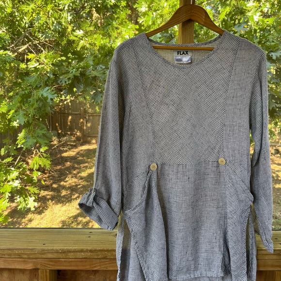 Flax Women's Black & White Check Print Long Sleeve Tunic Top 100% Linen Size M - Picture 3 of 9